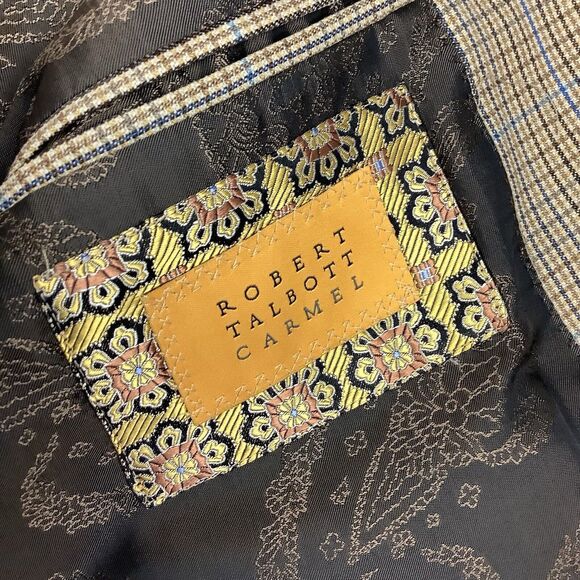 Robert Talbott Carmel Tan Blue Micro Plaid Blazer Jacket 42R Double Two Button - Picture 14 of 14